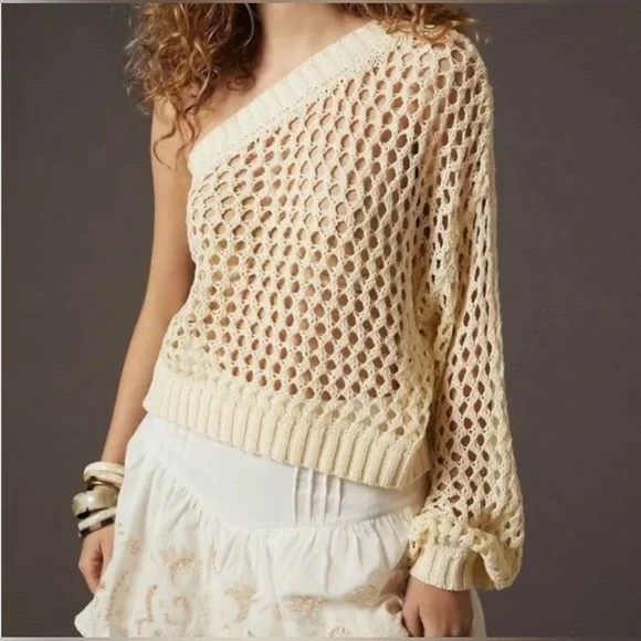MaEve Anthropologie One-Shoulder Cream Knit Crochet Cropped Sweater - Picture 2 of 12